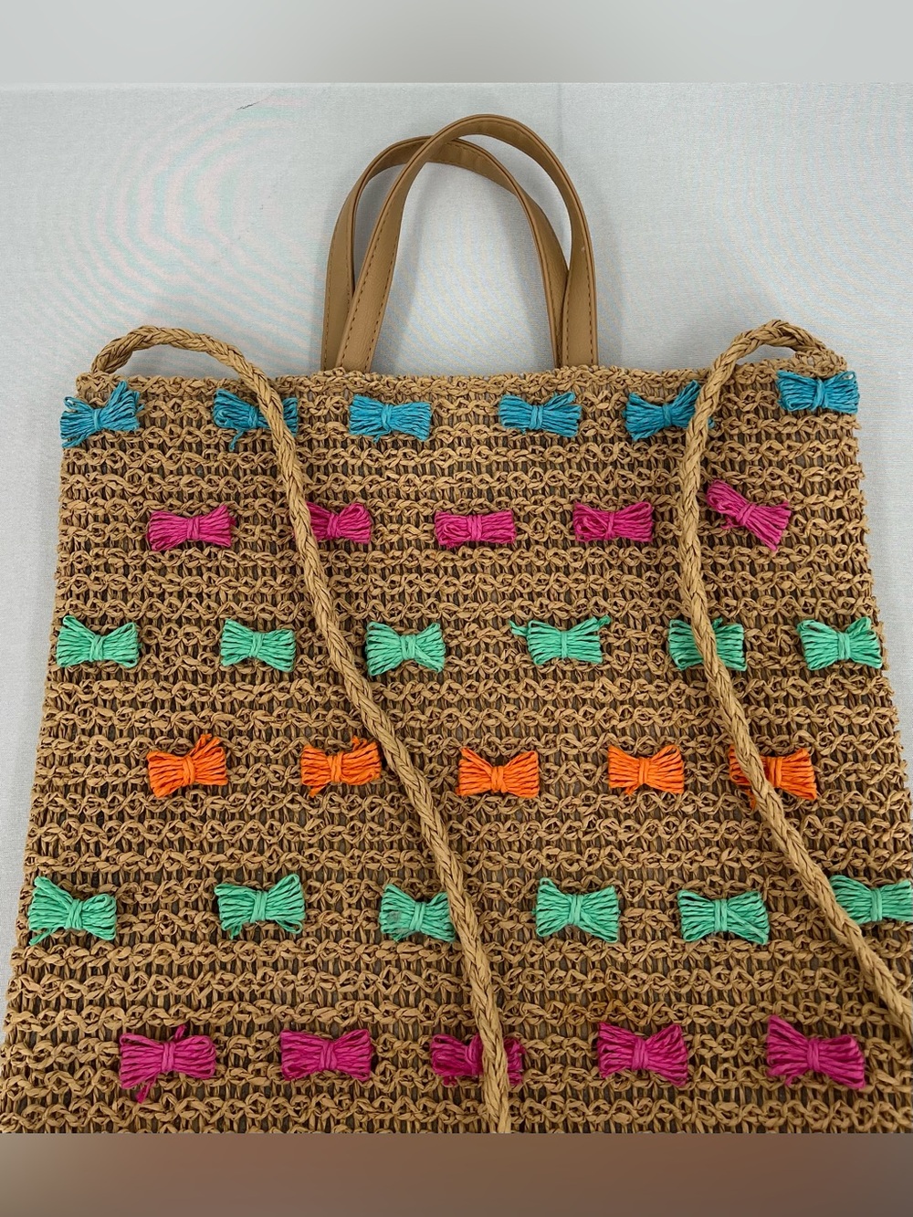 Raffia woven straw colorful Bow Tote Beach Bag euro summer coastal vacation - Picture 7 of 16